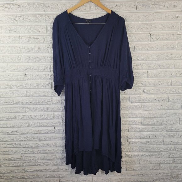 torrid Dresses & Skirts - Torrid Dress 3X Plus Size Blue V-Neck 3/4 Sleeve High-Low Lined Stretch SWE169E